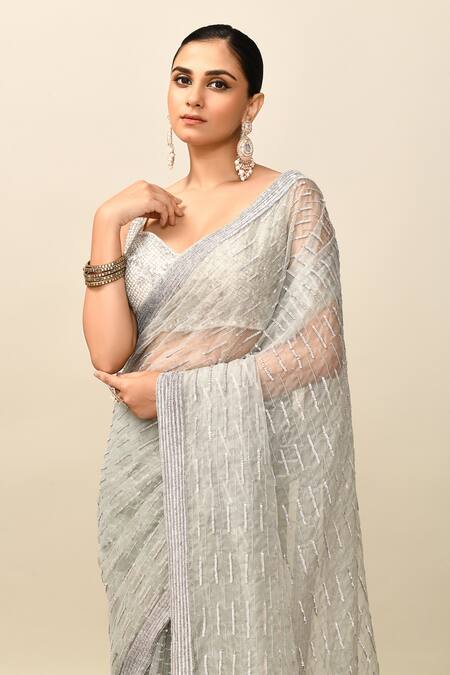Shop_Kalighata_Grey Organza Sequins Sweetheart Neck Stripe Embroidered Saree With Blouse _Online_at_Aza_Fashions