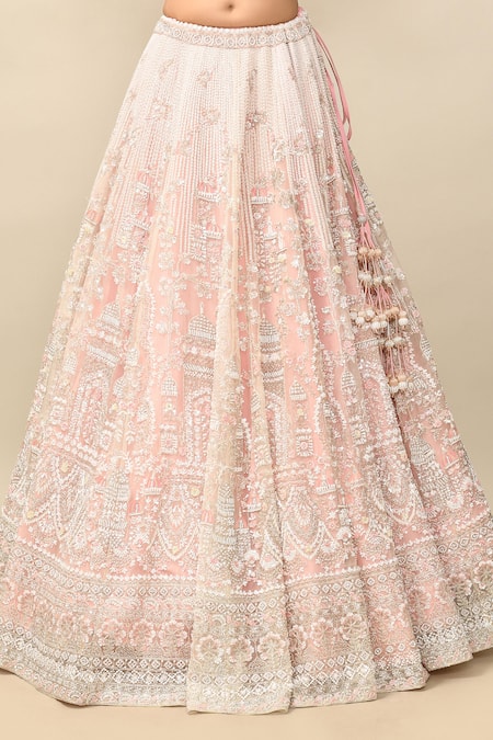 Kalighata_Pink Organza Sequins, Zari, Beads Architectural Embroidered Bridal Lehenga Set _Online_at_Aza_Fashions