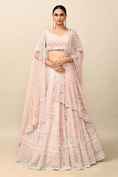 Buy_Kalighata_Pink Organza Sequins, Zari, Beads Architectural Embroidered Bridal Lehenga Set _Online_at_Aza_Fashions