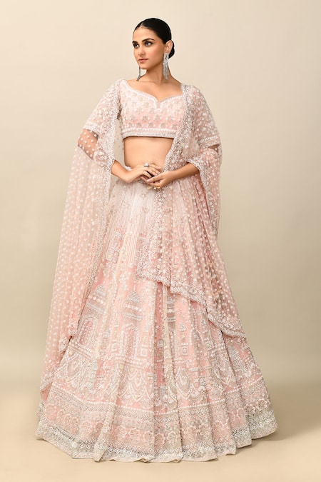 Shop_Kalighata_Pink Organza Sequins, Zari, Beads Architectural Embroidered Bridal Lehenga Set _Online_at_Aza_Fashions