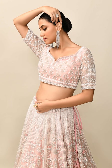 Shop_Kalighata_Pink Organza Sequins, Zari, Beads Architectural Embroidered Bridal Lehenga Set 