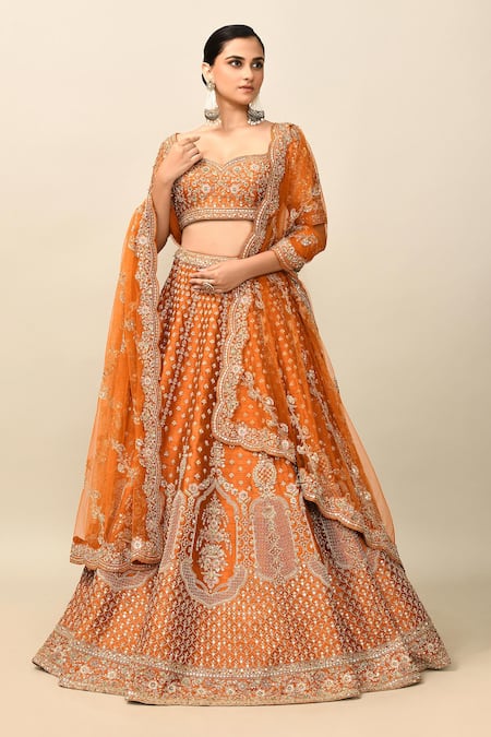 Kalighata_Orange Silk, Chiffon Cut Work, Tejaswi Cutdana Embroidered Bridal Lehenga Set _Online_at_Aza_Fashions