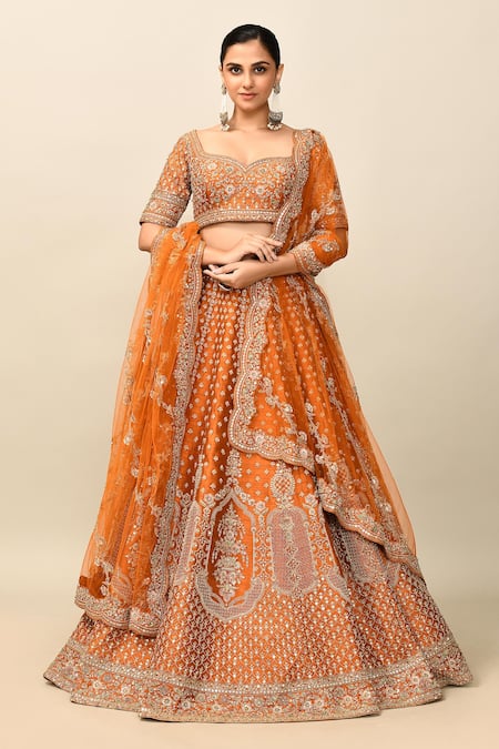 Buy_Kalighata_Orange Silk, Chiffon Cut Work, Tejaswi Cutdana Embroidered Bridal Lehenga Set _Online_at_Aza_Fashions