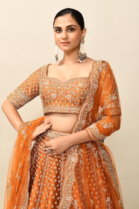 Shop_Kalighata_Orange Silk, Chiffon Cut Work, Tejaswi Cutdana Embroidered Bridal Lehenga Set _Online_at_Aza_Fashions