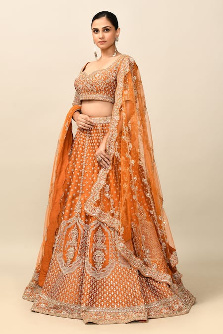 Kalighata_Orange Silk, Chiffon Cut Work, Tejaswi Cutdana Embroidered Bridal Lehenga Set _at_Aza_Fashions