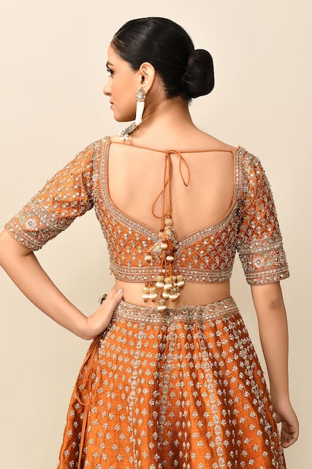 Shop_Kalighata_Orange Silk, Chiffon Cut Work, Tejaswi Cutdana Embroidered Bridal Lehenga Set 