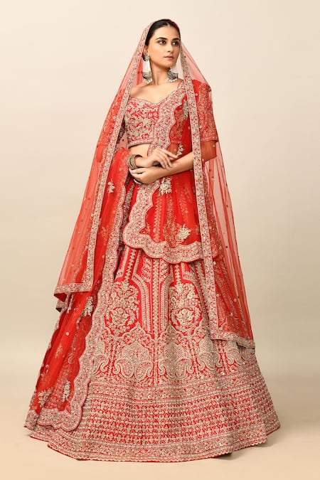 Kalighata_Red Silk Embroidery, Cut Work, Sequins Zaveri Raw Bridal Lehenga Set _Online_at_Aza_Fashions