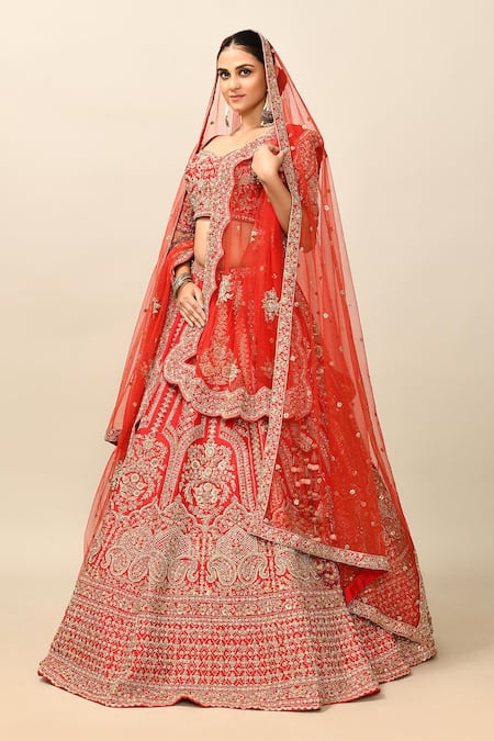 Shop_Kalighata_Red Silk Embroidery, Cut Work, Sequins Zaveri Raw Bridal Lehenga Set _Online_at_Aza_Fashions