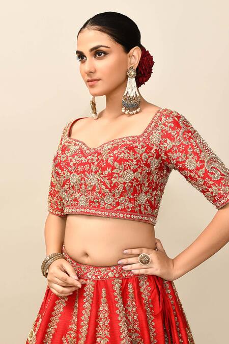 Buy_Kalighata_Red Silk Embroidery, Cut Work, Sequins Zaveri Raw Bridal Lehenga Set 