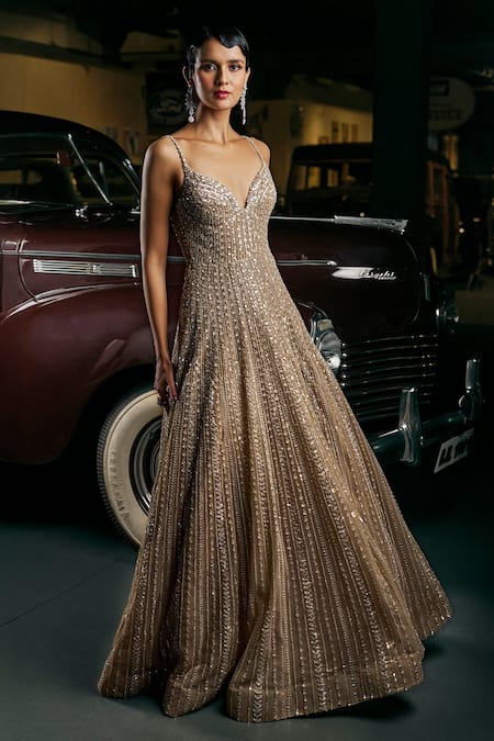 Shop_Seema Gujral_Brown Net Sequins Sweetheart Neck Embellished Slit Gown _Online_at_Aza_Fashions