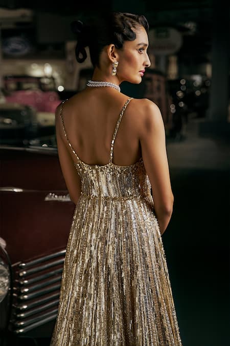 Shop_Seema Gujral_Gold Net Crystals, Sequins Square Neck Dual Tone Gown _at_Aza_Fashions