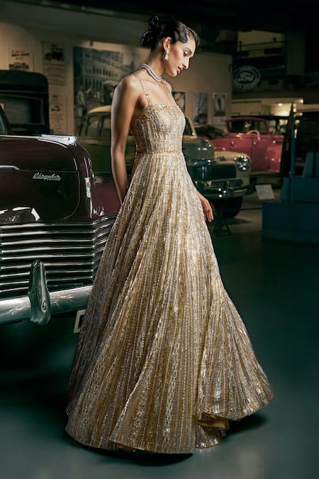 Seema Gujral_Gold Net Crystals, Sequins Square Neck Dual Tone Gown _Online_at_Aza_Fashions