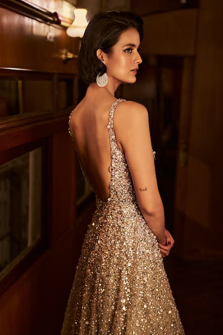 Seema Gujral Crystal Sequin Embellished Gown 