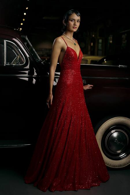 Seema Gujral_Red Net Sequins Sweetheart Neck Tonal Embellished Gown _Online_at_Aza_Fashions