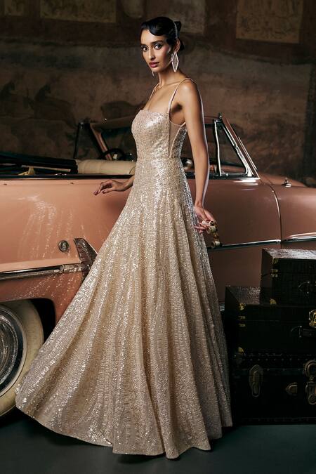 Buy_Seema Gujral_Gold Net Sequins Sweetheart Neck Wave Embroidered Gown_Online_at_Aza_Fashions