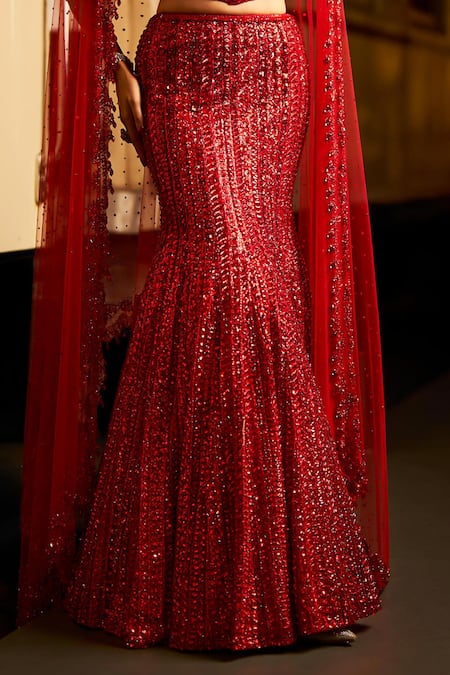 Seema Gujral_Red Net Sequins, Crystals, Beads Tonal Embroidered Mermaid Lehenga Set _Online_at_Aza_Fashions