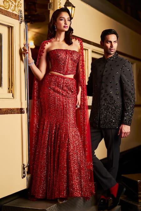 Seema Gujral_Red Net Sequins, Crystals, Beads Tonal Embroidered Mermaid Lehenga Set _at_Aza_Fashions
