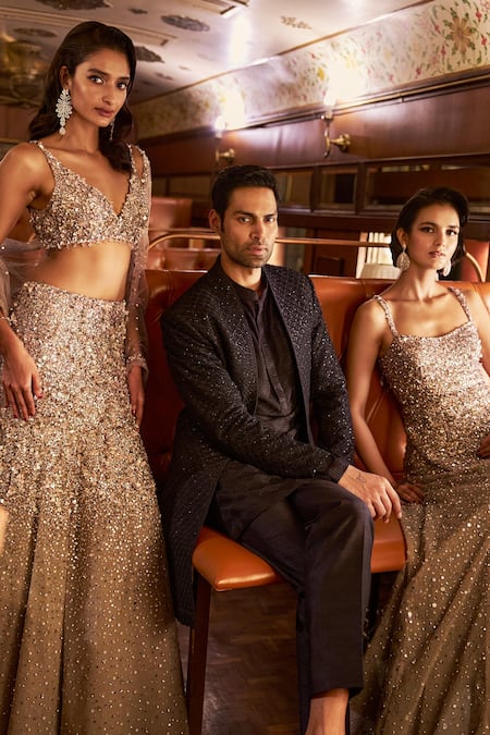 Buy_Seema Gujral_Brown Net Sequins, Crystals Sweetheart Neck Embellished Mermaid Lehenga Set 