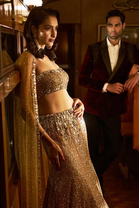 Shop Seema Gujral Gold Net Sequins, Crystals Square Neck Embellished Mermaid Lehenga Set Online at Aza Fashions Shop_Seema Gujral_Gold Net Sequins, Crystals Square Neck Embellished Mermaid Lehenga Set _Online_at_Aza_Fashions
