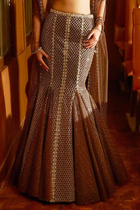 Seema Gujral_Silver Net Sequins, Crystals Square Embroidered Checkered Mermaid Lehenga Set_Online_at_Aza_Fashions