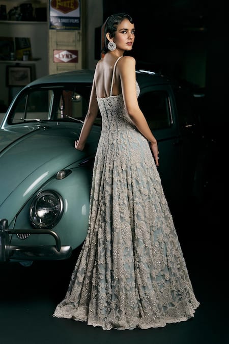 Seema Gujral Floral Pearl Embroidered Gown 