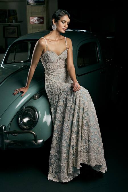 Shop Seema Gujral Blue Net Pearls, Sequins, Crystals Sweetheart Neck Floral Embroidered Gown Online at Aza Fashions Shop_Seema Gujral_Blue Net Pearls, Sequins, Crystals Sweetheart Neck Floral Embroidered Gown _Online_at_Aza_Fashions