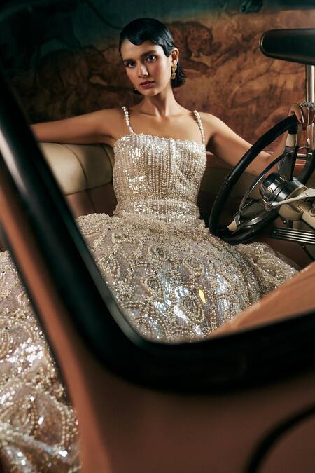 Buy_Seema Gujral_Ivory Net Pearls, Sequins, Crystals Square Neck Sprinkle Embellished Gown_Online_at_Aza_Fashions