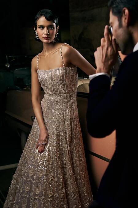 Seema Gujral_Ivory Net Pearls, Sequins, Crystals Square Neck Sprinkle Embellished Gown_at_Aza_Fashions