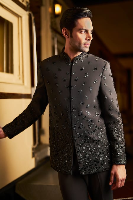 Shop_Seema Gujral_Black Cotton Beads Embroidered Bandhgala Pant Set _at_Aza_Fashions