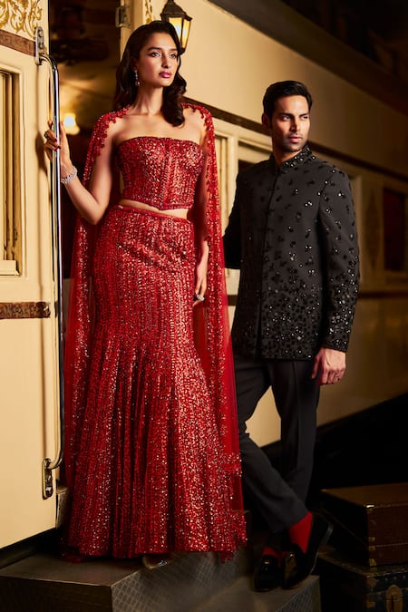 Seema Gujral_Black Cotton Beads Embroidered Bandhgala Pant Set _Online_at_Aza_Fashions