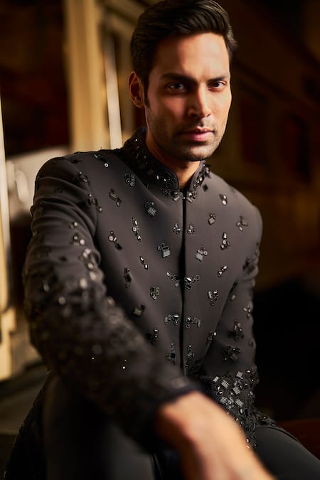 Buy_Seema Gujral_Black Cotton Beads Embroidered Bandhgala Pant Set _Online_at_Aza_Fashions