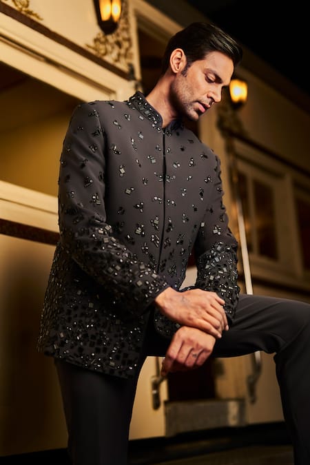 Shop_Seema Gujral_Black Cotton Beads Embroidered Bandhgala Pant Set _Online_at_Aza_Fashions