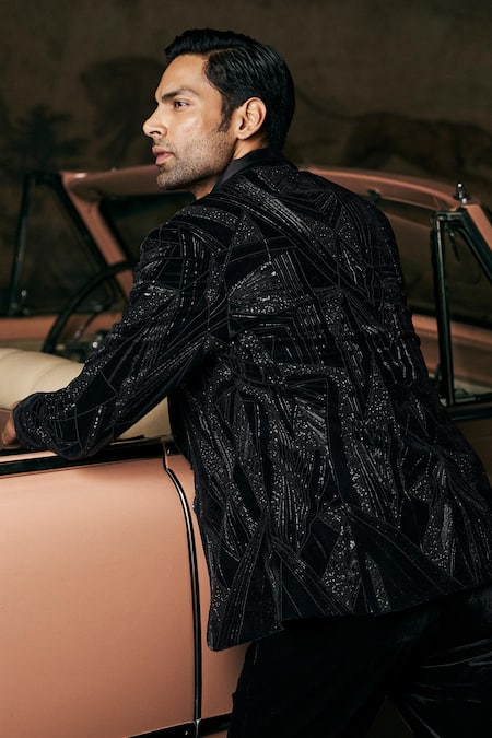 Shop_Seema Gujral_Black Velvet, Cotton Beads Abstract Embroidered Tuxedo Pant Set _at_Aza_Fashions