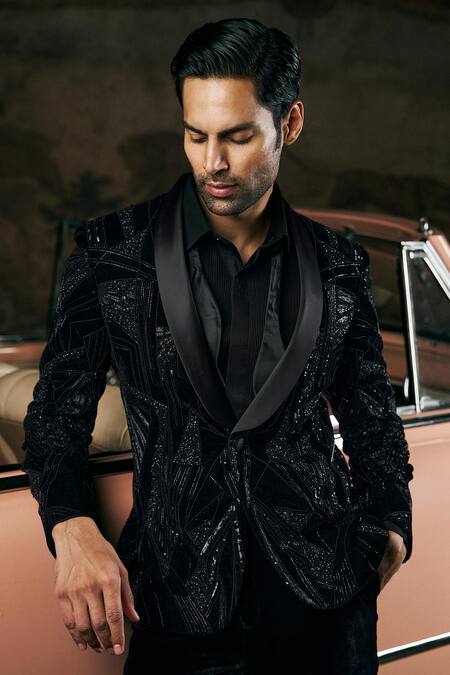 Shop_Seema Gujral_Black Velvet, Cotton Beads Abstract Embroidered Tuxedo Pant Set _Online_at_Aza_Fashions