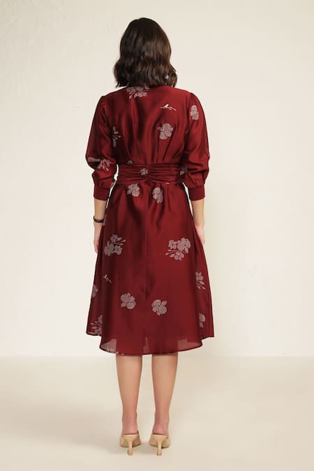 Arcvsh by Pallavi Singh Burgundy Silk Chanderi Screen Printed Floral Collared Abstract Midi Dress  2