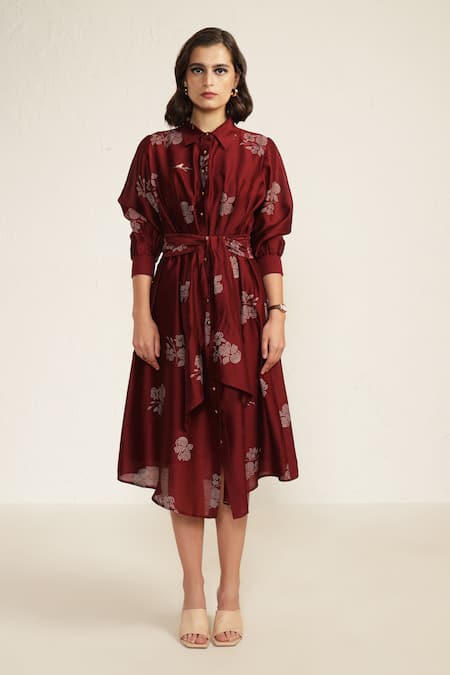 Arcvsh by Pallavi Singh Burgundy Silk Chanderi Screen Printed Floral Collared Abstract Midi Dress  3