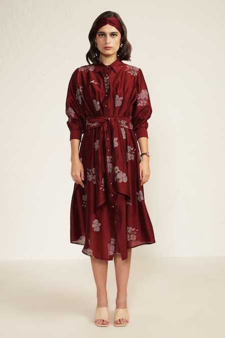 Arcvsh by Pallavi Singh Burgundy Silk Chanderi Screen Printed Floral Collared Abstract Midi Dress  4