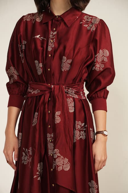 Arcvsh by Pallavi Singh Burgundy Silk Chanderi Screen Printed Floral Collared Abstract Midi Dress  5