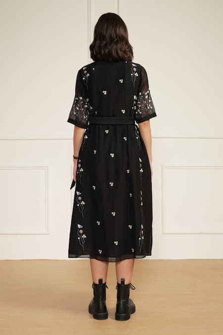 Shop Arcvsh By Pallavi Singh Black Chanderi, Cotton Embroidery Open Neck Abstract Print Midi Dress at Aza Fashions Shop_Arcvsh By Pallavi Singh_Black Chanderi, Cotton Embroidery Open Neck Abstract Print Midi Dress _at_Aza_Fashions