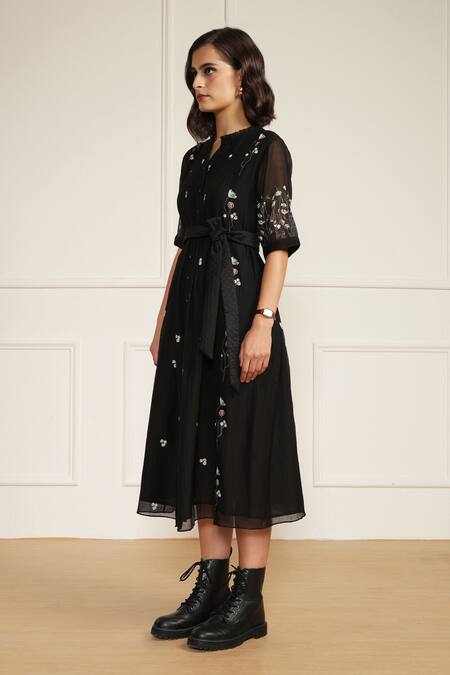 Buy Arcvsh By Pallavi Singh Black Chanderi, Cotton Embroidery Open Neck Abstract Print Midi Dress Online at Aza Fashions Buy_Arcvsh By Pallavi Singh_Black Chanderi, Cotton Embroidery Open Neck Abstract Print Midi Dress _Online_at_Aza_Fashions