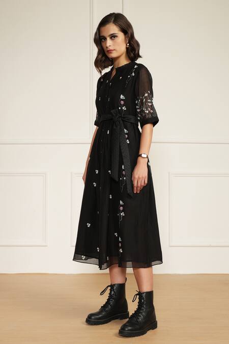 Shop Arcvsh By Pallavi Singh Black Chanderi, Cotton Embroidery Open Neck Abstract Print Midi Dress Online at Aza Fashions Shop_Arcvsh By Pallavi Singh_Black Chanderi, Cotton Embroidery Open Neck Abstract Print Midi Dress _Online_at_Aza_Fashions