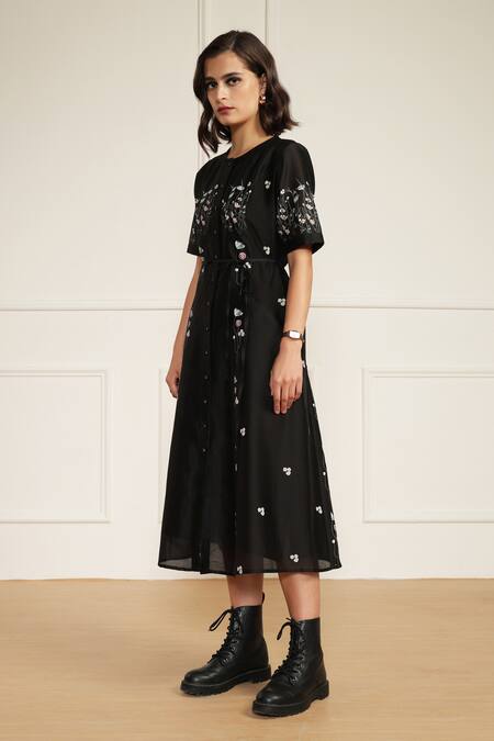 Arcvsh By Pallavi Singh Black Silk, Chanderi Embroidery Round Neck Abstract Print Midi Dress Online at Aza Fashions Arcvsh By Pallavi Singh_Black Silk, Chanderi Embroidery Round Neck Abstract Print Midi Dress _Online_at_Aza_Fashions