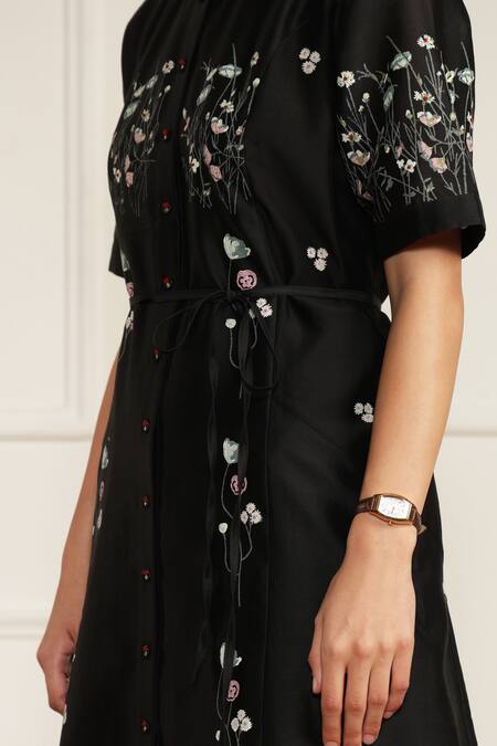 Shop Arcvsh By Pallavi Singh Black Silk, Chanderi Embroidery Round Neck Abstract Print Midi Dress Online at Aza Fashions Shop_Arcvsh By Pallavi Singh_Black Silk, Chanderi Embroidery Round Neck Abstract Print Midi Dress _Online_at_Aza_Fashions