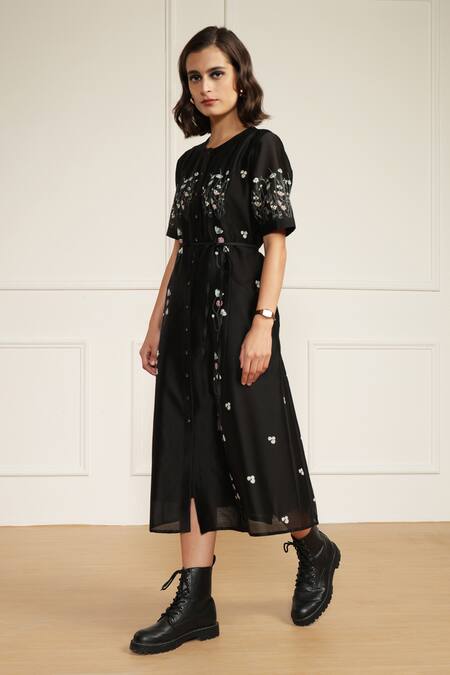 Arcvsh By Pallavi Singh Black Silk, Chanderi Embroidery Round Neck Abstract Print Midi Dress at Aza Fashions Arcvsh By Pallavi Singh_Black Silk, Chanderi Embroidery Round Neck Abstract Print Midi Dress _at_Aza_Fashions