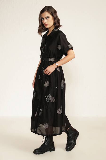 Shop Arcvsh By Pallavi Singh Black Chanderi, Silk Embroidery Collared Abstract Print Midi Dress Online at Aza Fashions Shop_Arcvsh By Pallavi Singh_Black Chanderi, Silk Embroidery Collared Abstract Print Midi Dress _Online_at_Aza_Fashions
