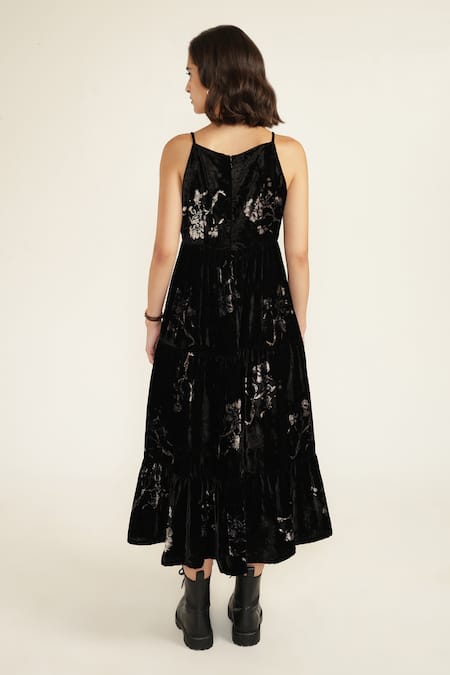 Shop_Arcvsh By Pallavi Singh_Black Silk, Velvet Round Neck Discharge Print Midi Dress _at_Aza_Fashions