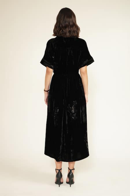 Shop Arcvsh By Pallavi Singh Black Silk, Velvet Embroidery Collared Floral Discharge Print Dress at Aza Fashions Shop_Arcvsh By Pallavi Singh_Black Silk, Velvet Embroidery Collared Floral Discharge Print Dress _at_Aza_Fashions