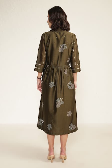Shop_Arcvsh By Pallavi Singh_Green Chanderi, Silk Embroidery Collared Print Shirt Dress _at_Aza_Fashions