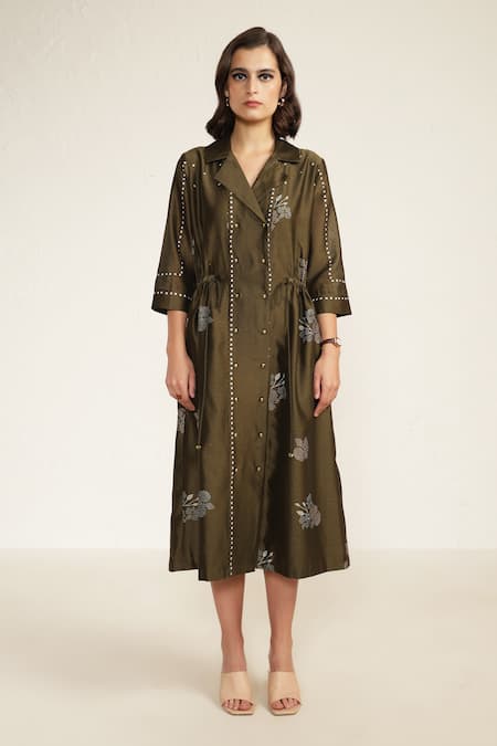 Arcvsh By Pallavi Singh_Green Chanderi, Silk Embroidery Collared Print Shirt Dress _Online_at_Aza_Fashions