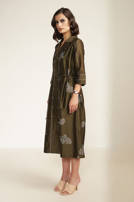 Buy_Arcvsh By Pallavi Singh_Green Chanderi, Silk Embroidery Collared Print Shirt Dress _Online_at_Aza_Fashions
